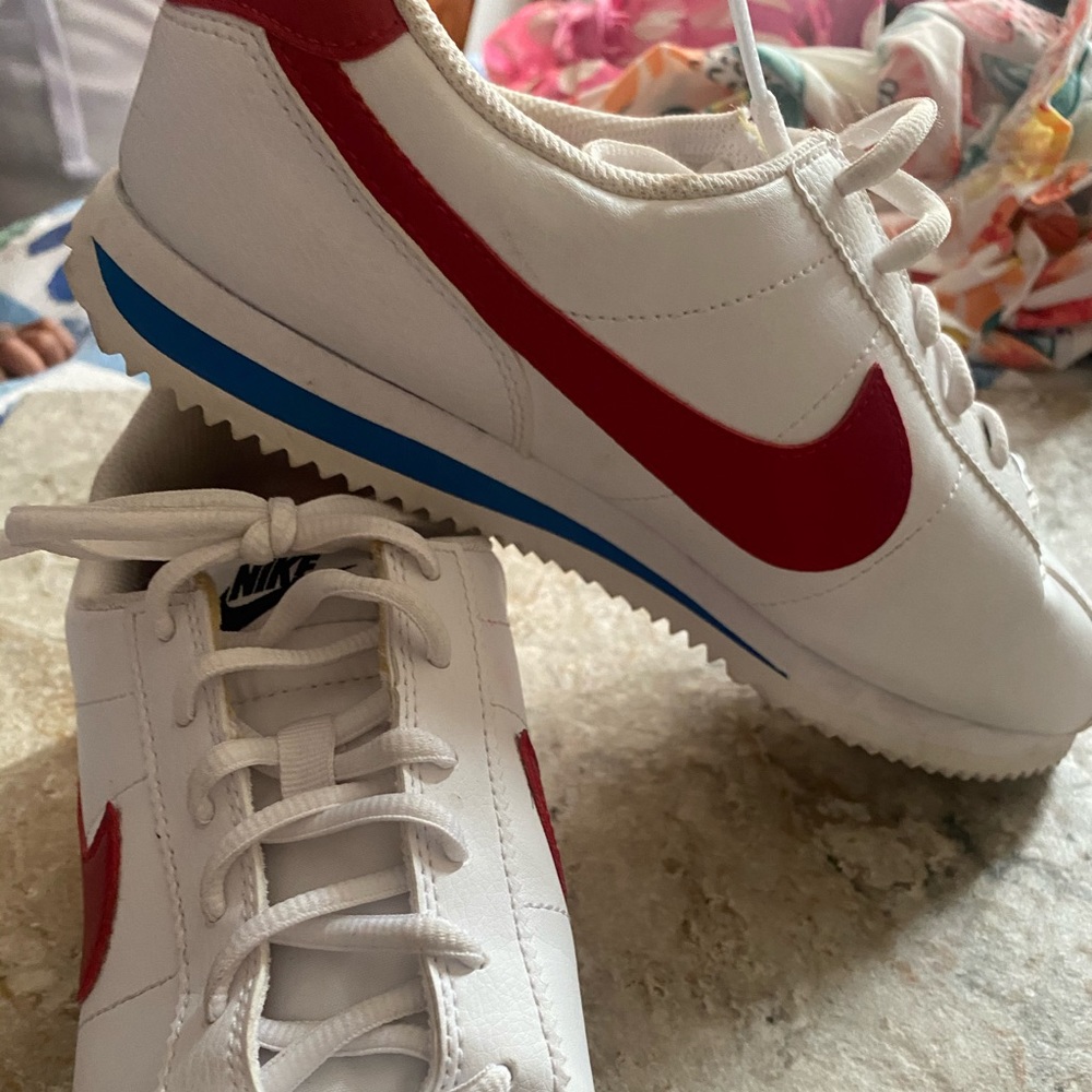 White Nike Cortez with Red check
